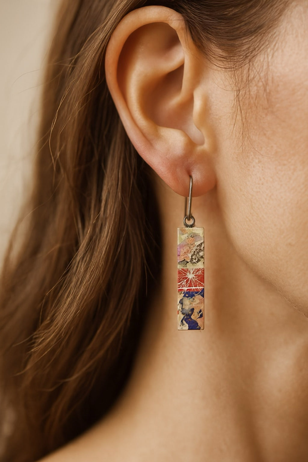 Red, Pink, Mint & Gold Floral Patchwork | Bar Earrings