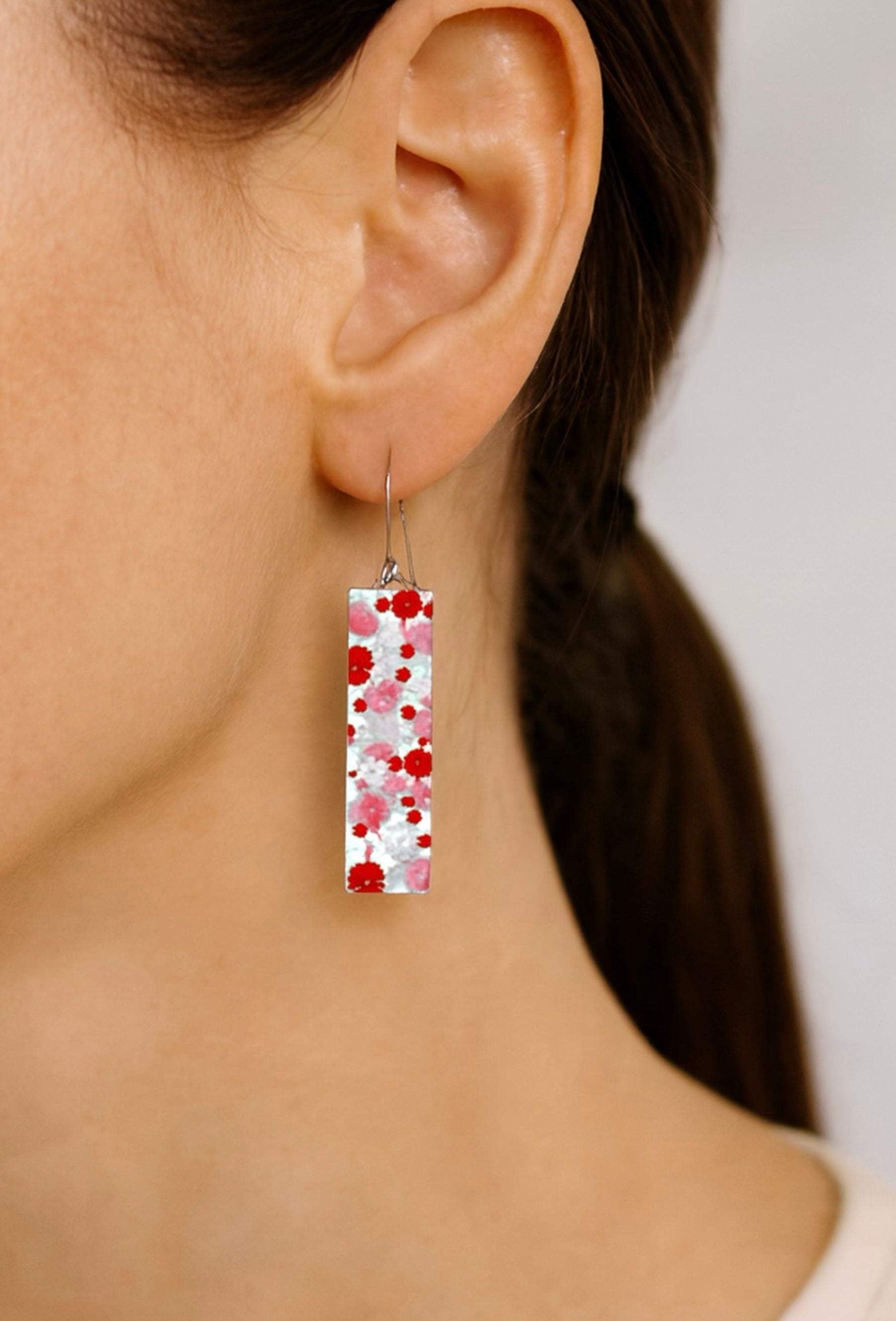 Red, Pink, Light Blue & White Sakura Blossom | Bar Earrings