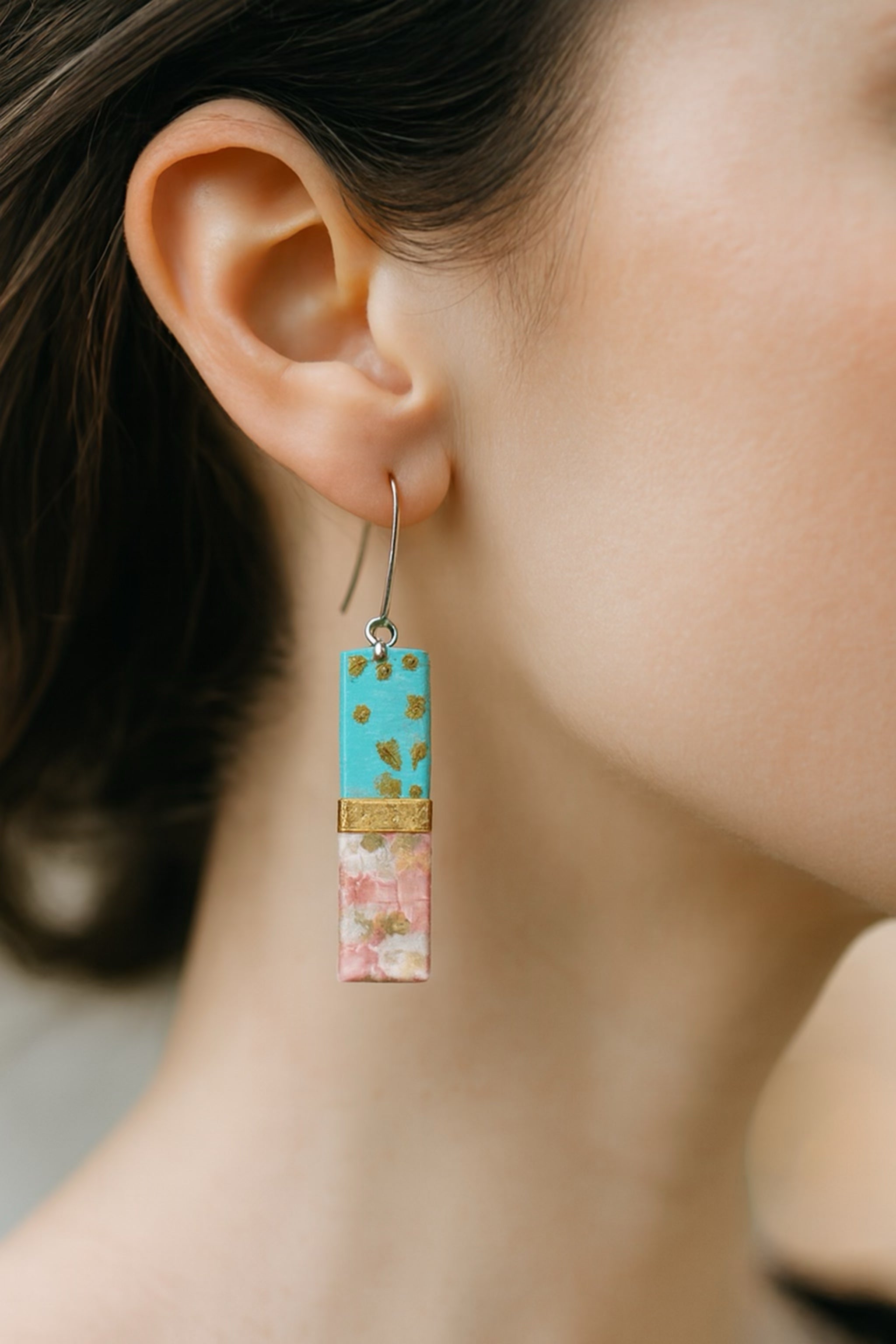 Turquoise, Pink, Gold & Sakura | Bar Earrings
