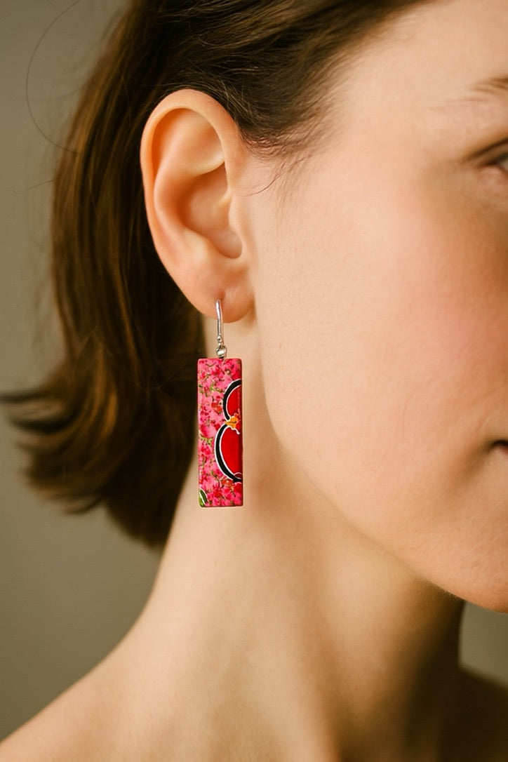 Pink, Red, Navy & Gold Floral | Bar Earrings