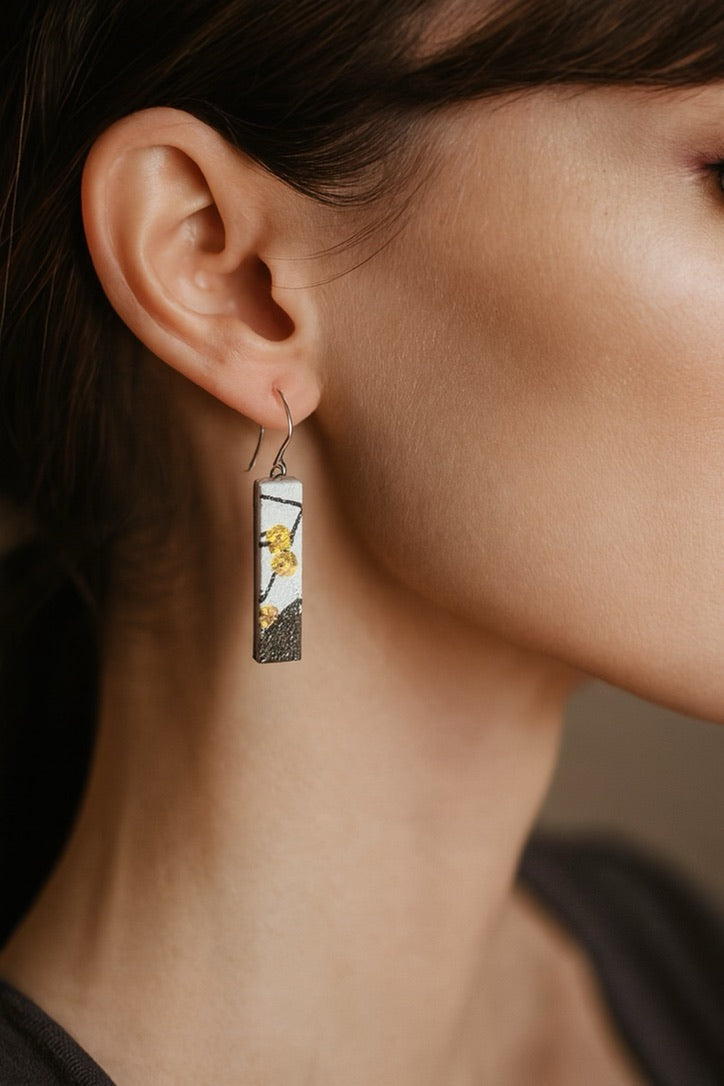 Black, White, Gold Sakura | Bar Earrings