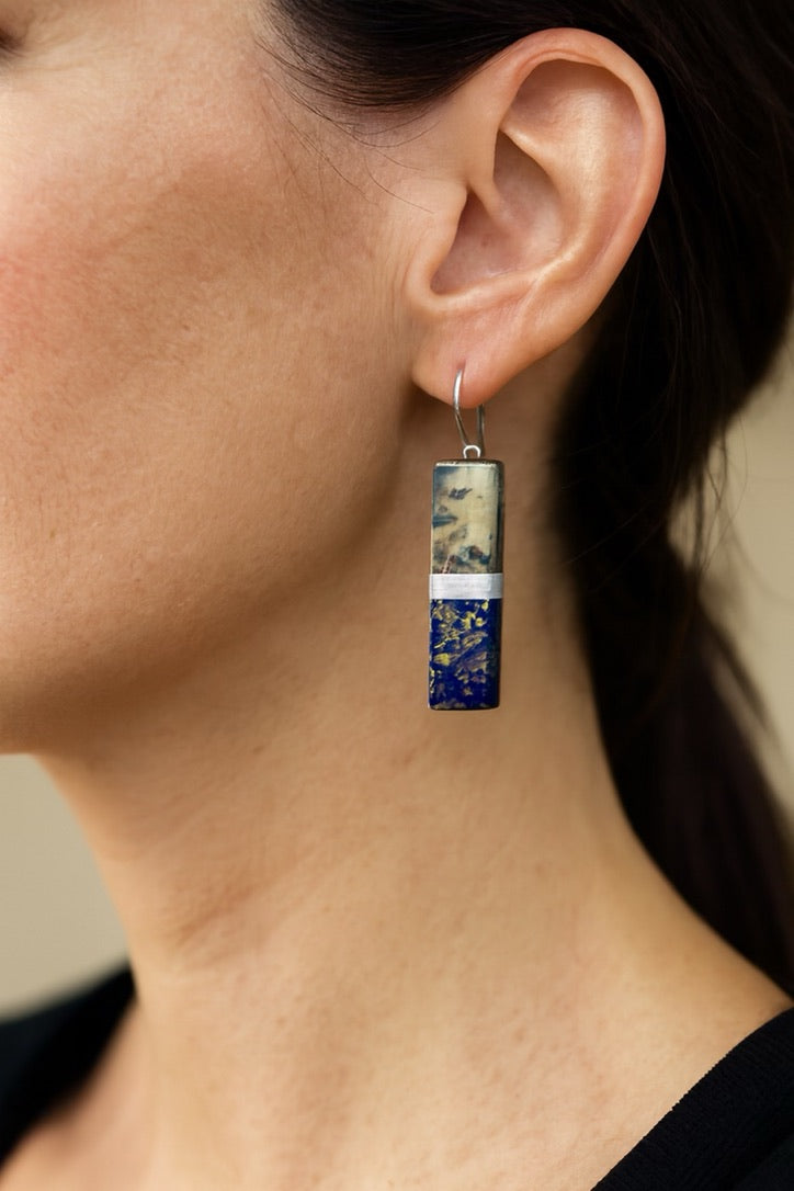 Blue, Gold, Light Brown & Silver Maple Leaves | Bar Earrings