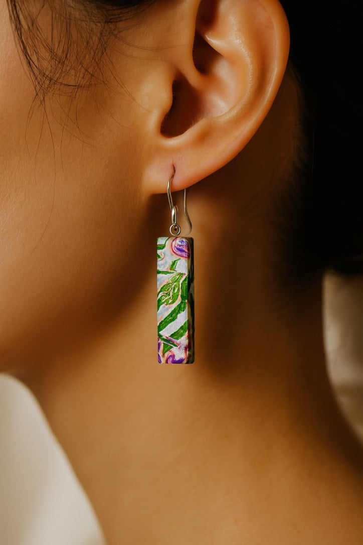 Purple, Green, Light Blue & Gold Wagara | Bar Earrings