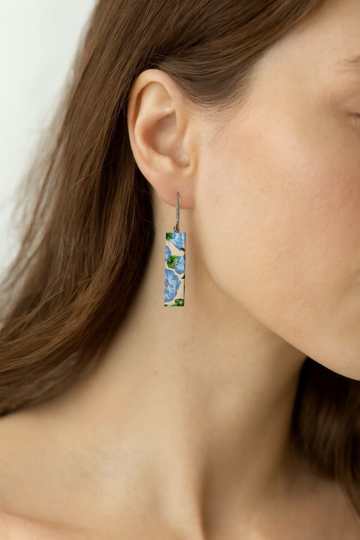 Blue, White & Green Morning Glory | Bar Earrings