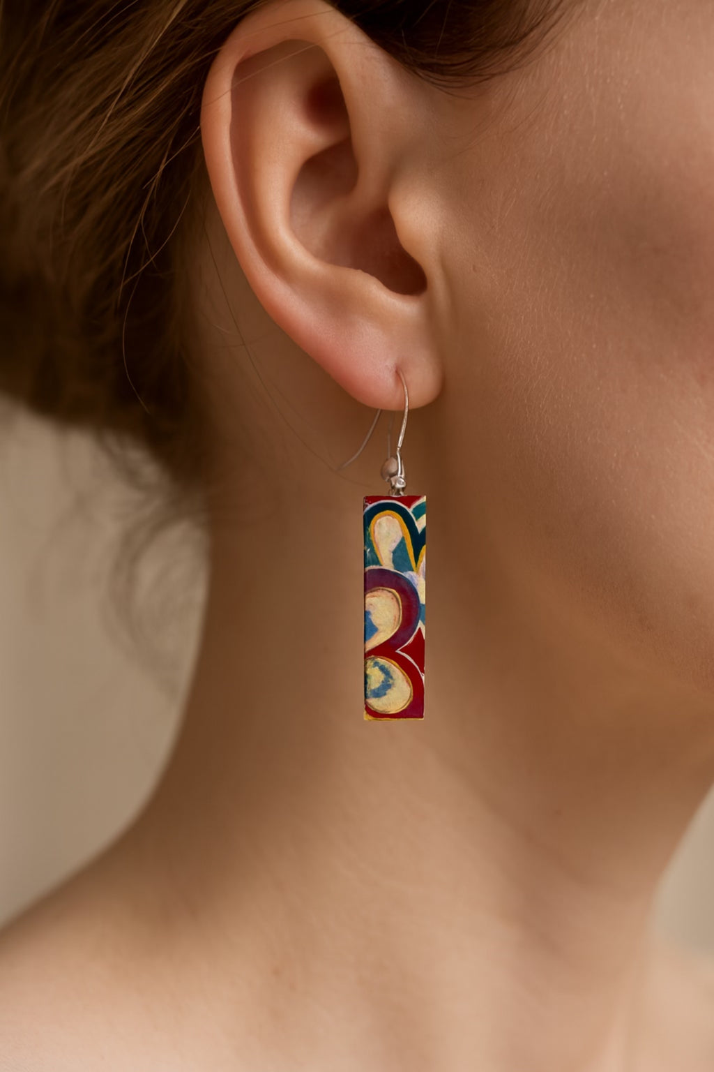 Red, Cream & Blue Abstract Floral | Bar Earrings