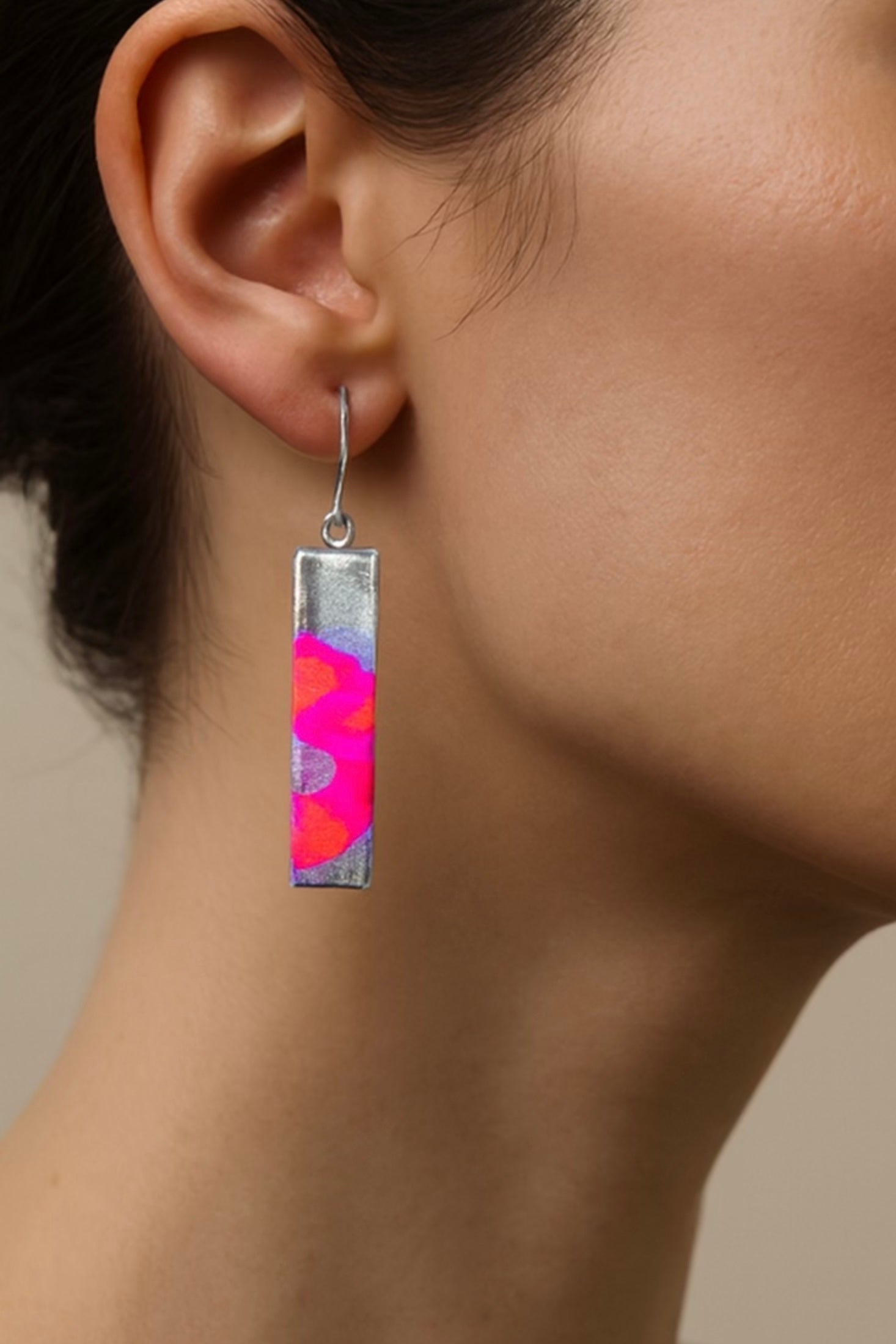 Pink, Orange, Silver & Blue Abstract | Bar Earrings